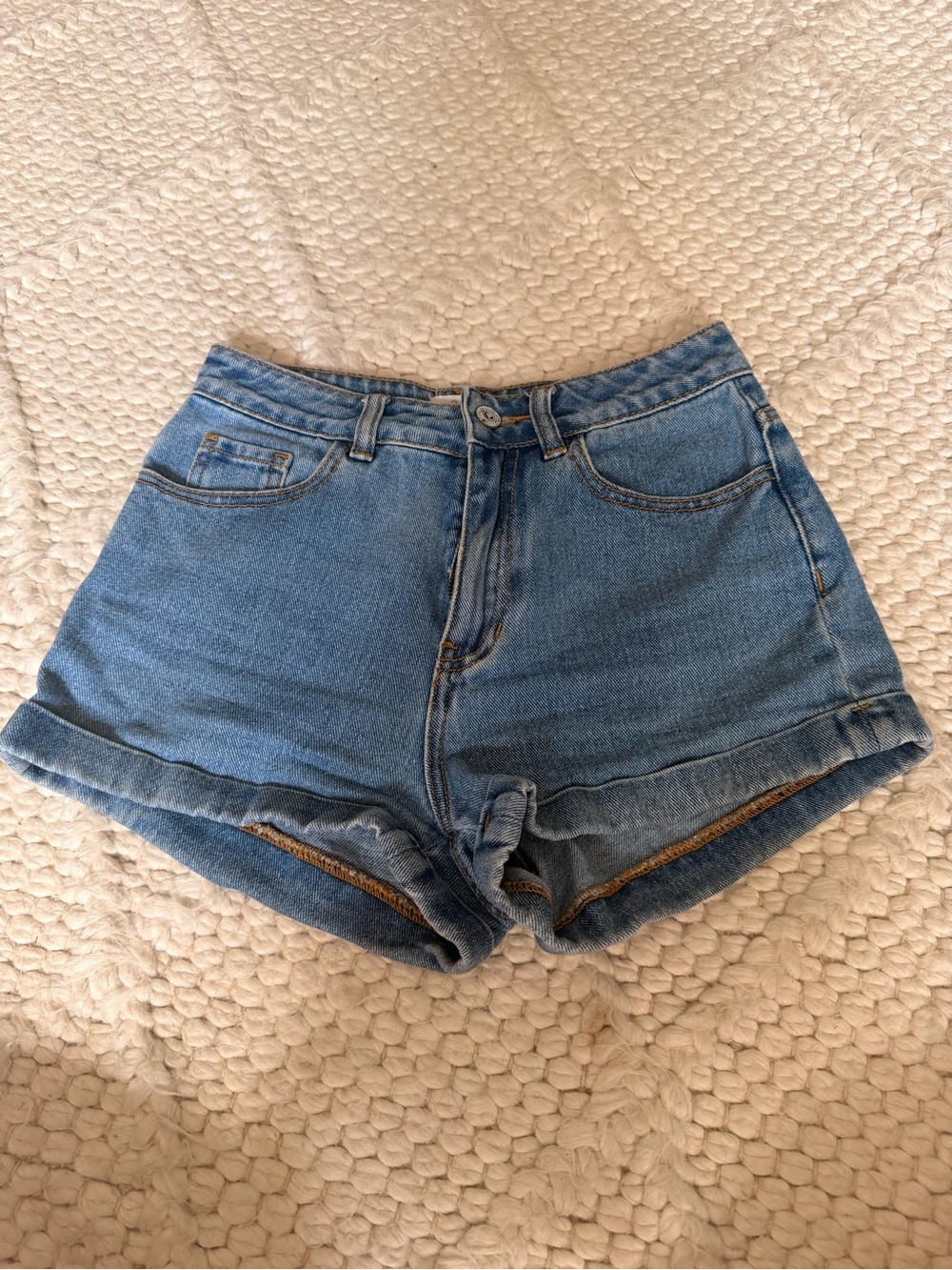 Brandy Melville Light Blue High-Rise Rolled Hem Denim Shorts